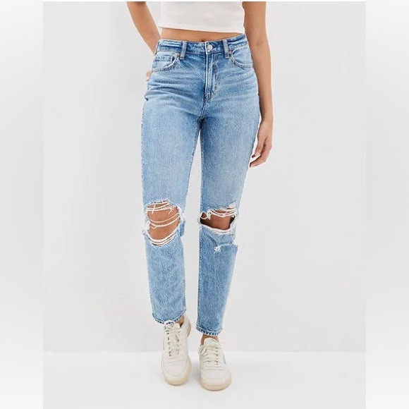 American Eagle AE Strigid Ripped Mom Jeans, Size 00, Blown Out Blue - Picture 2 of 11